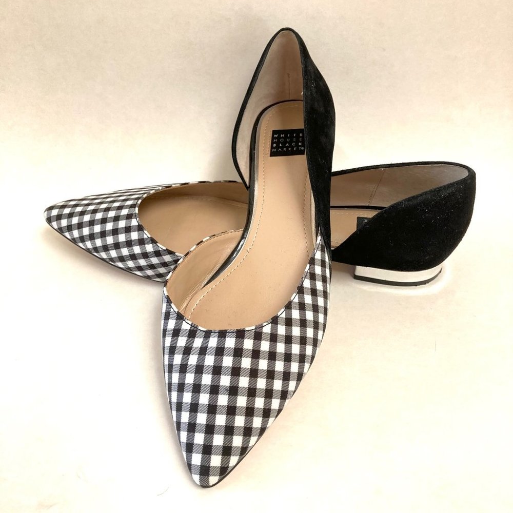 WHBM Christine Black/Ecru Gingham D'orsay Low Heel Flats Sz 7.5M Pointed Toe